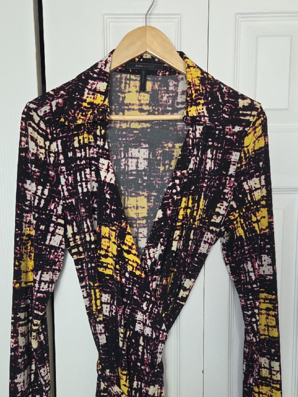 BCBGMaxAzria Black, Yellow & Pink Abstract Wrap Dress